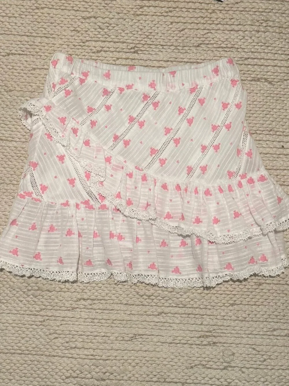LoveShackFancy Pink and White Mini Skirt
